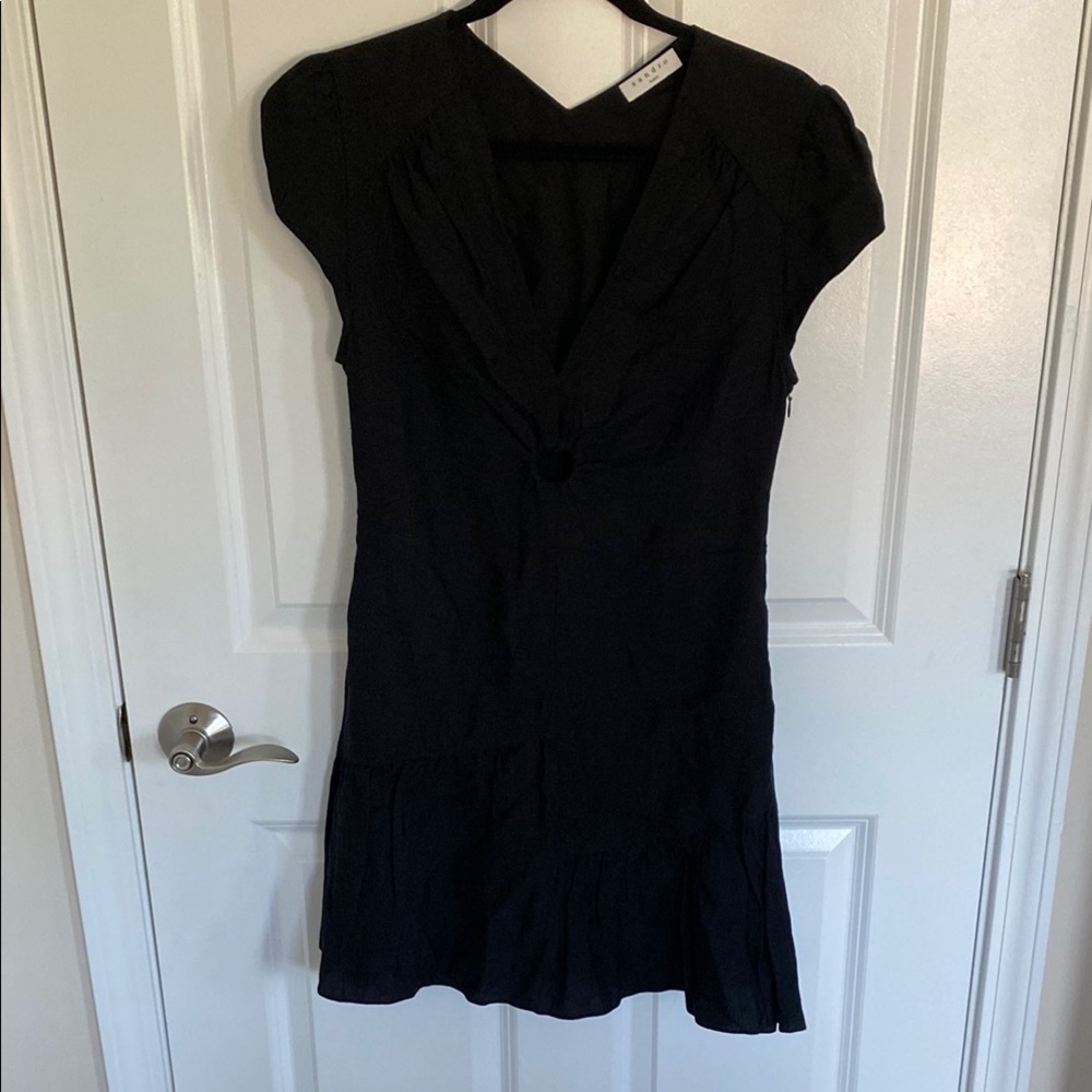 sandro Paris Ronald Gathered Linen Blend Mini Dress size FR38 (US 4/6) - Black - Picture 3 of 11